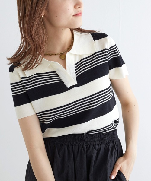 w closet(ダブルクローゼット)の「スキッパーランダムボーダーポロニット(ポロシャツ・レディース・ホワイト×ブラック/ピンク・FREE)」の7枚目の写真
