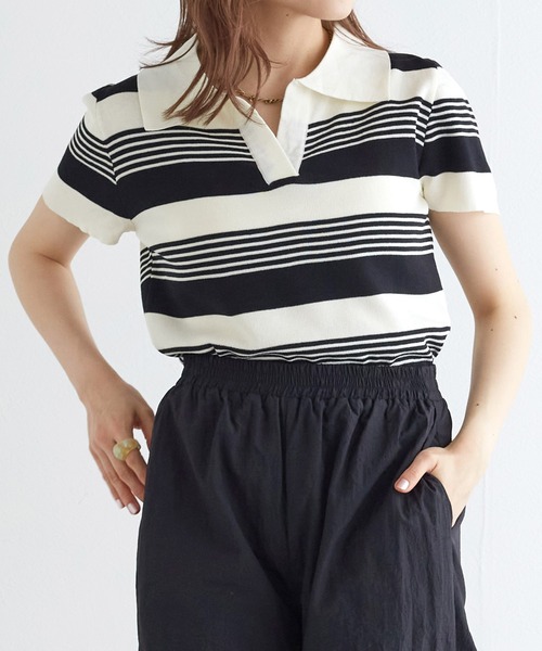 w closet(ダブルクローゼット)の「スキッパーランダムボーダーポロニット(ポロシャツ・レディース・ホワイト×ブラック/ピンク・FREE)」の11枚目の写真