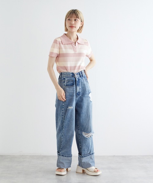 w closet(ダブルクローゼット)の「スキッパーランダムボーダーポロニット(ポロシャツ・レディース・ホワイト×ブラック/ピンク・FREE)」の14枚目の写真