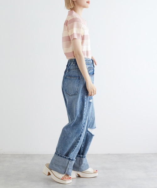 w closet(ダブルクローゼット)の「スキッパーランダムボーダーポロニット(ポロシャツ・レディース・ホワイト×ブラック/ピンク・FREE)」の15枚目の写真