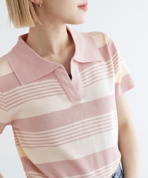 w closet(ダブルクローゼット)の「スキッパーランダムボーダーポロニット(ポロシャツ・レディース・ホワイト×ブラック/ピンク・FREE)」の18枚目の写真