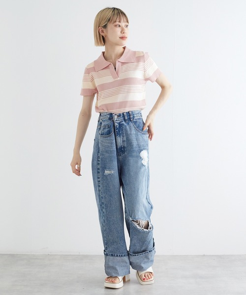 w closet(ダブルクローゼット)の「スキッパーランダムボーダーポロニット(ポロシャツ・レディース・ホワイト×ブラック/ピンク・FREE)」の19枚目の写真