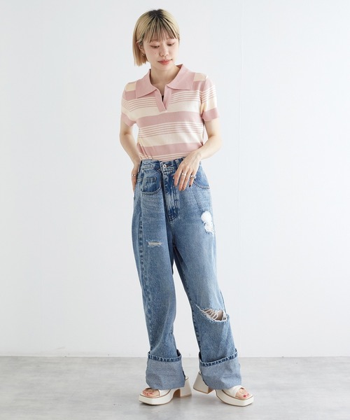 w closet(ダブルクローゼット)の「スキッパーランダムボーダーポロニット(ポロシャツ・レディース・ホワイト×ブラック/ピンク・FREE)」の21枚目の写真