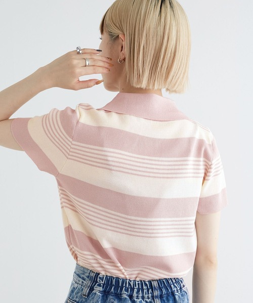 w closet(ダブルクローゼット)の「スキッパーランダムボーダーポロニット(ポロシャツ・レディース・ホワイト×ブラック/ピンク・FREE)」の22枚目の写真