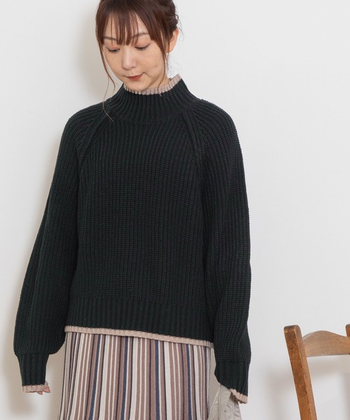 POU DOU DOU(プードゥドゥ)の「配色ニットプルオーバー(ニット/セーター・レディース・ブルー/グリーン/アイボリー/ブラック・3)」の1枚目の写真