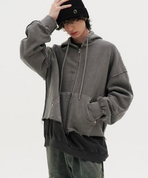 REON STUDIO | 韓国ブランド RE:ON STUDIO レオンスタジオ PIGMENT STUDS HOODIE ピグメント パーカー ジップアップ スタッズ ダメージフーディー 羽織 長袖 韓国ファッション 韓国ストリート(パーカー)