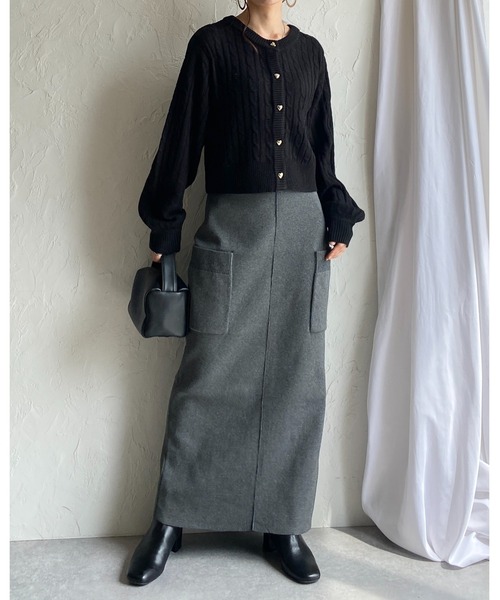 She's Closet（シーズクローゼット）の「長袖ショート丈ハートボタンケーブルニットカーディガン（カーディガン/ボレロ・レディース・杢グレー/アイボリー/ブラック・FREE）」の21枚目の写真