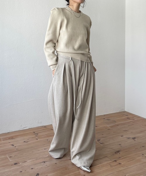 wee9s(ウィークス)の「【2点SET】tuck wide curve pants / タックワイドカーブパンツ (ロープベルトセット)(スラックス・レディース・ブラック/ブラウン/アイボリー/グレー・S/M)」の2枚目の写真