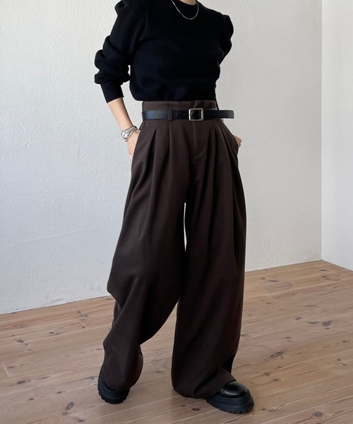 wee9s(ウィークス)の「【2点SET】tuck wide curve pants / タックワイドカーブパンツ (ロープベルトセット)(スラックス・レディース・ブラック/ブラウン/アイボリー/グレー・S/M)」の15枚目の写真