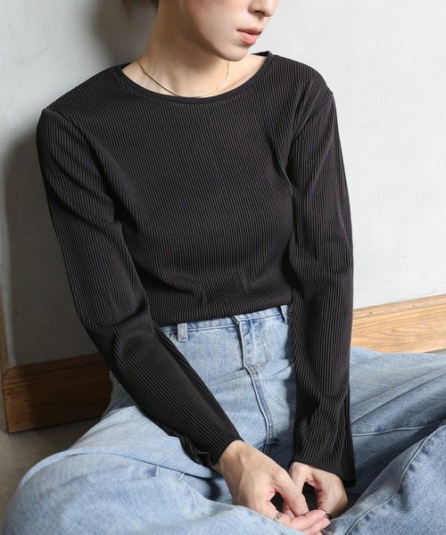 プリーツストライプトップス（Tシャツ/カットソー）｜select