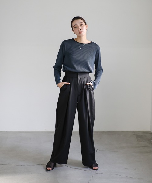 セール】プリーツストライプトップス（Tシャツ/カットソー）｜select