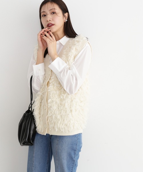 N.（N. Natural Beauty Basic）（エヌエヌナチュラルビューティーベーシック）の「◆ループフリンジルーズニットベスト（ニット/セーター・レディース・アイボリー/ブラック・MEDIUM）」の4枚目の写真