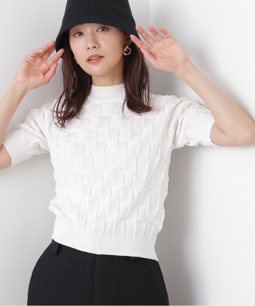 N.(N. Natural Beauty Basic)(エヌエヌナチュラルビューティーベーシック)の「◆ブロック編みニット(ニット/セーター・レディース・ブルー/オフホワイト/モカ・MEDIUM)」の4枚目の写真