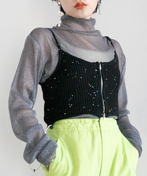 RAGEBLUE（レイジブルー）の「2WAY/スパンコールZIPニットビスチェ（ベスト・レディース・ホワイト/グリーン/ブラック・FREE）」の2枚目の写真