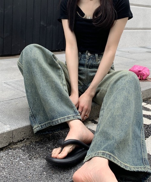 shameless（シェイムレス）の「ヴィンテージライクセミワイドデニム（デニムパンツ・レディース・サックスブルー・M/S/L）」の10枚目の写真