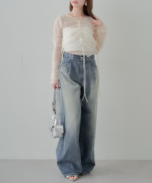 セール】【2024SS】ドロストシャーリングレイヤードTOPS（シャツ