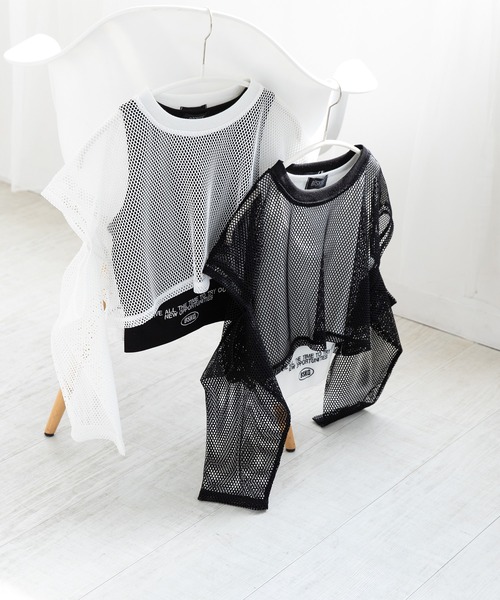 セール】【セットアイテム】メッシュトップス×裾ロゴタンク
