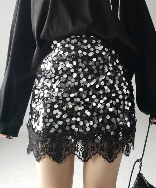 me+em select(ミームセレクト)の「※※【 インパン裏地付 】レースドッキングスパングルミニスカート / lace docking spangle mini skirt(スカート・レディース・シルバー/ブラック・MEDIUM/SMALL)」の2枚目の写真
