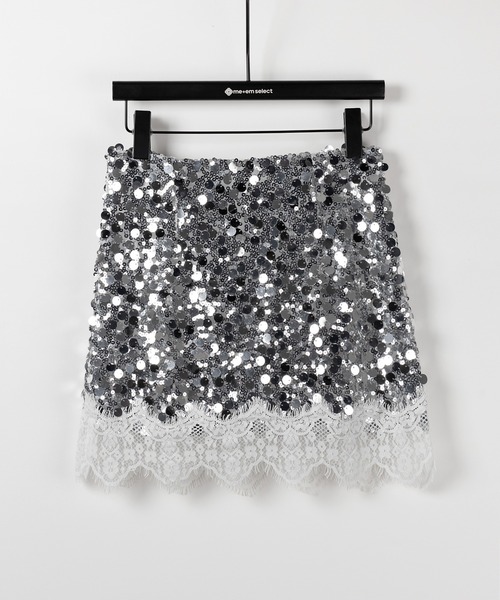 me+em select(ミームセレクト)の「※※【 インパン裏地付 】レースドッキングスパングルミニスカート / lace docking spangle mini skirt(スカート・レディース・シルバー/ブラック・MEDIUM/SMALL)」の8枚目の写真