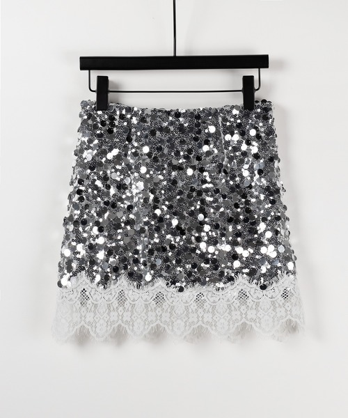me+em select(ミームセレクト)の「※※【 インパン裏地付 】レースドッキングスパングルミニスカート / lace docking spangle mini skirt(スカート・レディース・シルバー/ブラック・MEDIUM/SMALL)」の9枚目の写真