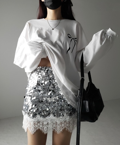 me+em select(ミームセレクト)の「※※【 インパン裏地付 】レースドッキングスパングルミニスカート / lace docking spangle mini skirt(スカート・レディース・シルバー/ブラック・MEDIUM/SMALL)」の18枚目の写真
