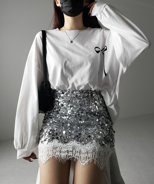 me+em select(ミームセレクト)の「※※【 インパン裏地付 】レースドッキングスパングルミニスカート / lace docking spangle mini skirt(スカート・レディース・シルバー/ブラック・MEDIUM/SMALL)」の19枚目の写真