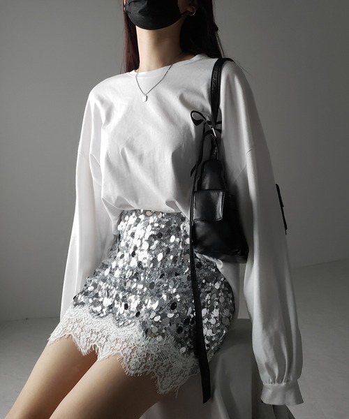 me+em select(ミームセレクト)の「※※【 インパン裏地付 】レースドッキングスパングルミニスカート / lace docking spangle mini skirt(スカート・レディース・シルバー/ブラック・MEDIUM/SMALL)」の20枚目の写真