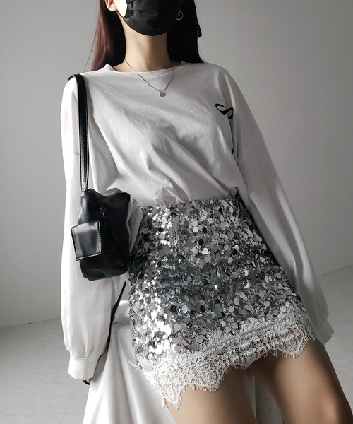me+em select(ミームセレクト)の「※※【 インパン裏地付 】レースドッキングスパングルミニスカート / lace docking spangle mini skirt(スカート・レディース・シルバー/ブラック・MEDIUM/SMALL)」の21枚目の写真