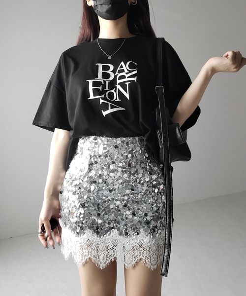me+em select(ミームセレクト)の「※※【 インパン裏地付 】レースドッキングスパングルミニスカート / lace docking spangle mini skirt(スカート・レディース・シルバー/ブラック・MEDIUM/SMALL)」の12枚目の写真