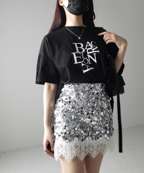me+em select(ミームセレクト)の「※※【 インパン裏地付 】レースドッキングスパングルミニスカート / lace docking spangle mini skirt(スカート・レディース・シルバー/ブラック・MEDIUM/SMALL)」の13枚目の写真