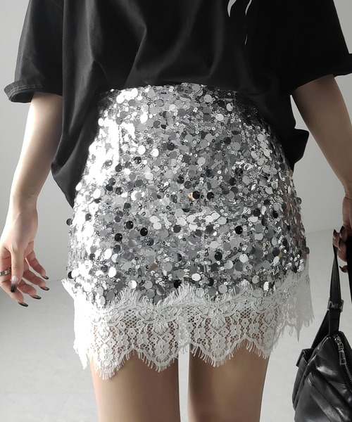 me+em select(ミームセレクト)の「※※【 インパン裏地付 】レースドッキングスパングルミニスカート / lace docking spangle mini skirt(スカート・レディース・シルバー/ブラック・MEDIUM/SMALL)」の15枚目の写真