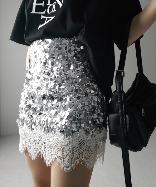 me+em select(ミームセレクト)の「※※【 インパン裏地付 】レースドッキングスパングルミニスカート / lace docking spangle mini skirt(スカート・レディース・シルバー/ブラック・MEDIUM/SMALL)」の16枚目の写真