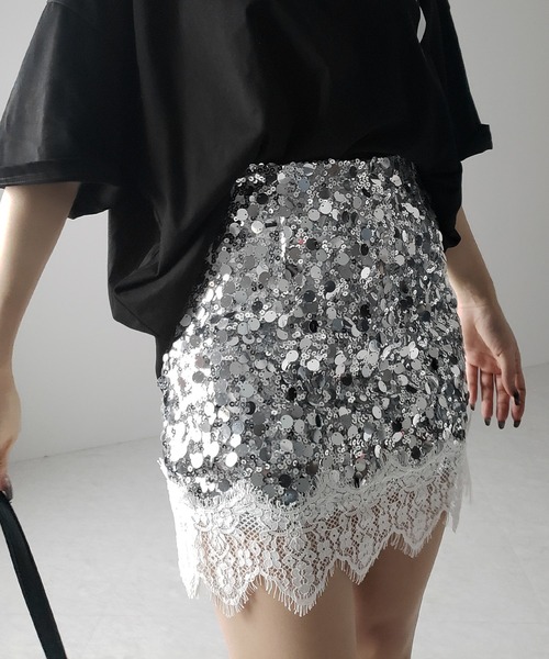 me+em select(ミームセレクト)の「※※【 インパン裏地付 】レースドッキングスパングルミニスカート / lace docking spangle mini skirt(スカート・レディース・シルバー/ブラック・MEDIUM/SMALL)」の5枚目の写真