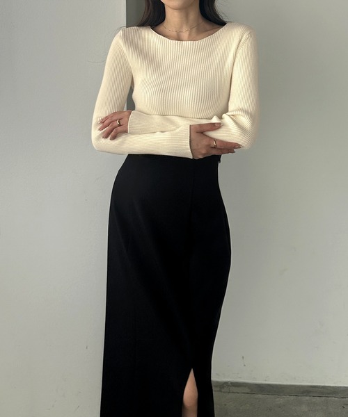 セール】厚手ボートネック長袖リブニット（ニット/セーター