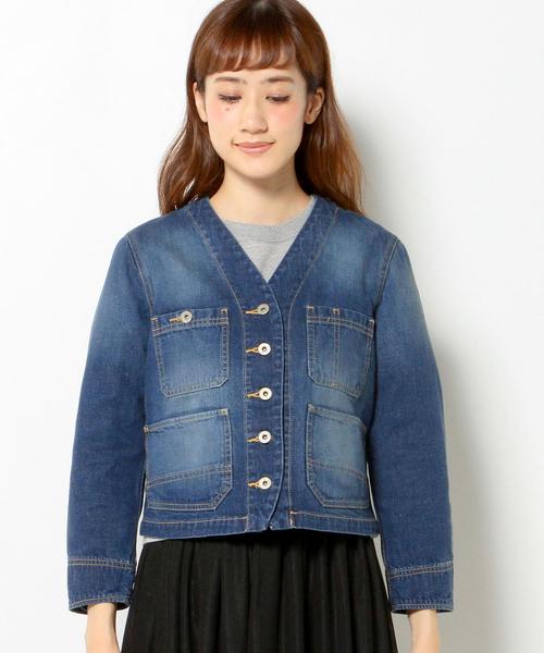 Another Edition（アナザーエディション）の「■デニムノーカラーカバーオール/AEBC DNM NO/COL COVERALL◆（デニムジャケット・レディース・ターコイズブルー/コバルトブルー・フリー）」の5枚目の写真