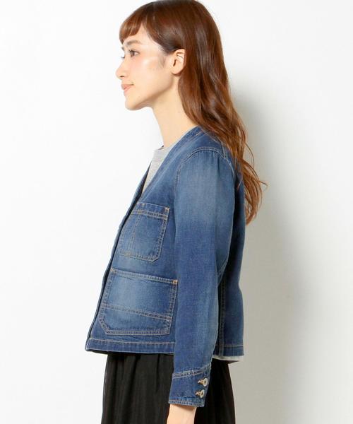 Another Edition（アナザーエディション）の「■デニムノーカラーカバーオール/AEBC DNM NO/COL COVERALL◆（デニムジャケット・レディース・ターコイズブルー/コバルトブルー・フリー）」の6枚目の写真