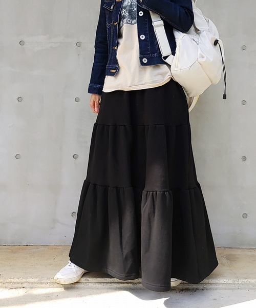 Q（キュー）の「裏起毛ティアードスカート（スカート・レディース・ライトグレー/ブラック・MEDIUM）」の3枚目の写真