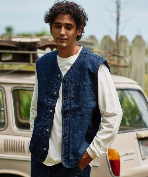 AOZORA（アオゾラ）の「AOZORA/アオゾラ　刺し子デニムベスト（ベスト・メンズ・オリーブ/インディゴブルー・MEDIUM/LARGE）」の14枚目の写真