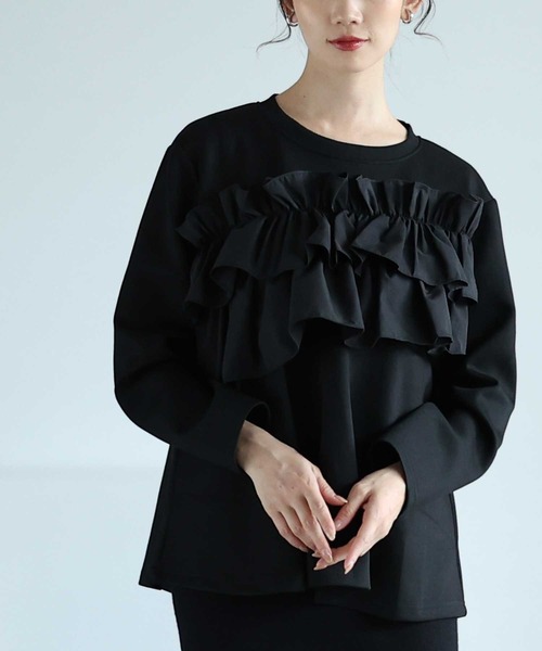 Sawa a la mode(サワアラモード)の「フリルドッキングペプラムトップス(Tシャツ/カットソー・レディース・ブラック/グレー・FREE)」の1枚目の写真