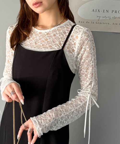 mily bilet（ミウィビレット）の「【mily bilet】甘さと品を一枚に。視線集まるシアージャガード総レースサイドサテンリボントップス（長袖）（Tシャツ/カットソー・レディース・ブラック/ホワイト/ライトグレー/ベージュ・MEDIUM/LARGE/X-LARGE/SMALL）」の2枚目の写真