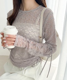 mily bilet | 【mily bilet】着るだけでおしゃれ度UP！シアージャガード総レースサイドサテンリボントップス（長袖）(Tシャツ/カットソー)