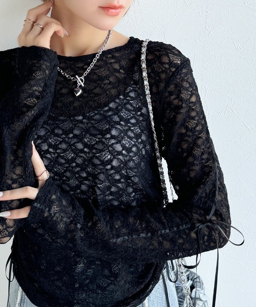 mily bilet（ミウィビレット）の「【mily bilet】甘さと品を一枚に。視線集まるシアージャガード総レースサイドサテンリボントップス（長袖）（Tシャツ/カットソー・レディース・ブラック/ホワイト/ライトグレー/ベージュ・MEDIUM/LARGE/X-LARGE/SMALL）」の3枚目の写真