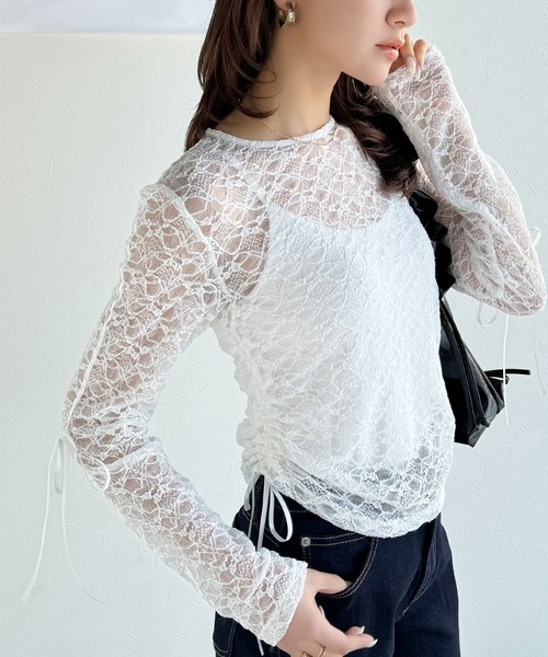 mily bilet（ミウィビレット）の「【mily bilet】甘さと品を一枚に。視線集まるシアージャガード総レースサイドサテンリボントップス（長袖）（Tシャツ/カットソー・レディース・ブラック/ホワイト/ライトグレー/ベージュ・MEDIUM/LARGE/X-LARGE/SMALL）」の11枚目の写真