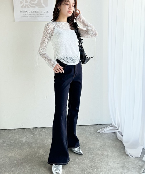 mily bilet（ミウィビレット）の「【mily bilet】甘さと品を一枚に。視線集まるシアージャガード総レースサイドサテンリボントップス（長袖）（Tシャツ/カットソー・レディース・ブラック/ホワイト/ライトグレー/ベージュ・MEDIUM/LARGE/X-LARGE/SMALL）」の12枚目の写真