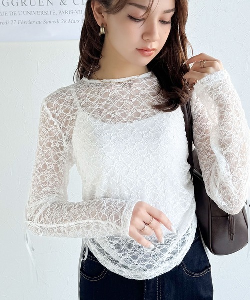 mily bilet（ミウィビレット）の「【mily bilet】甘さと品を一枚に。視線集まるシアージャガード総レースサイドサテンリボントップス（長袖）（Tシャツ/カットソー・レディース・ブラック/ホワイト/ライトグレー/ベージュ・MEDIUM/LARGE/X-LARGE/SMALL）」の13枚目の写真