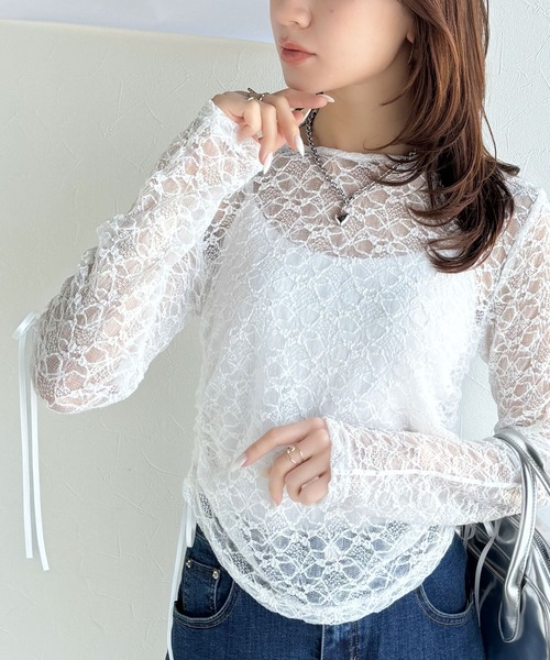 mily bilet（ミウィビレット）の「【mily bilet】甘さと品を一枚に。視線集まるシアージャガード総レースサイドサテンリボントップス（長袖）（Tシャツ/カットソー・レディース・ブラック/ホワイト/ライトグレー/ベージュ・MEDIUM/LARGE/X-LARGE/SMALL）」の15枚目の写真