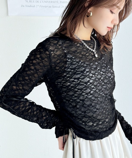 mily bilet(ミウィビレット)の「【mily bilet】甘さと品を一枚に。視線集まるシアージャガード総レースサイドサテンリボントップス(長袖)(Tシャツ/カットソー・レディース・ブラック/ホワイト/ライトグレー/ベージュ・MEDIUM/LARGE/X-LARGE/SMALL)」の19枚目の写真