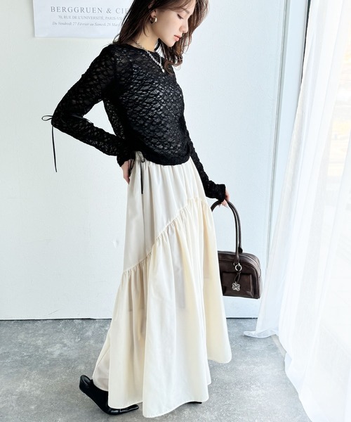 mily bilet(ミウィビレット)の「【mily bilet】甘さと品を一枚に。視線集まるシアージャガード総レースサイドサテンリボントップス(長袖)(Tシャツ/カットソー・レディース・ブラック/ホワイト/ライトグレー/ベージュ・MEDIUM/LARGE/X-LARGE/SMALL)」の20枚目の写真