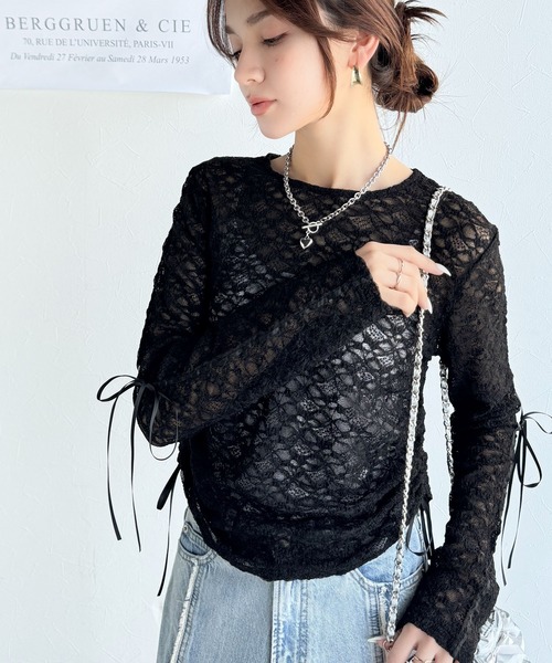 mily bilet（ミウィビレット）の「【mily bilet】甘さと品を一枚に。視線集まるシアージャガード総レースサイドサテンリボントップス（長袖）（Tシャツ/カットソー・レディース・ブラック/ホワイト/ライトグレー/ベージュ・MEDIUM/LARGE/X-LARGE/SMALL）」の21枚目の写真