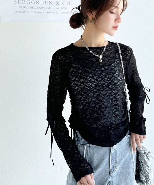 mily bilet（ミウィビレット）の「【mily bilet】甘さと品を一枚に。視線集まるシアージャガード総レースサイドサテンリボントップス（長袖）（Tシャツ/カットソー・レディース・ブラック/ホワイト/ライトグレー/ベージュ・MEDIUM/LARGE/X-LARGE/SMALL）」の19枚目の写真